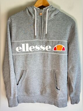 ellesse 1/4 Zip Hoodie Gray White Stripe Big Logo Men's Size M Cotton Vintage